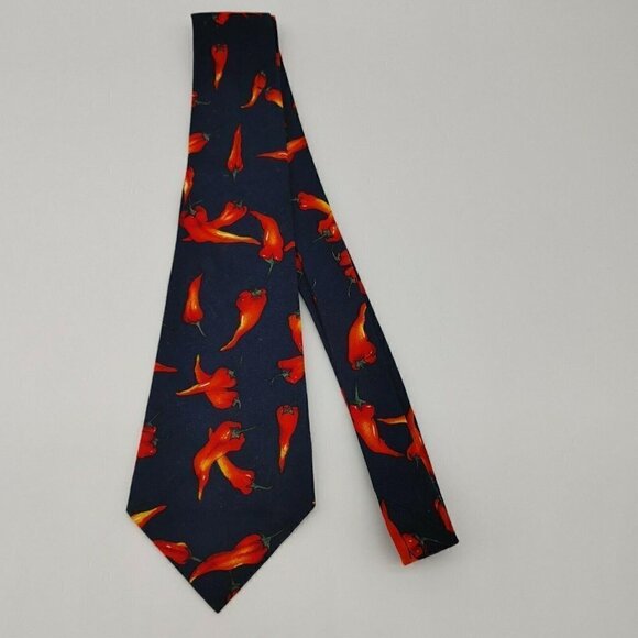 Mens Navy Blue Handmade Chili Pepper Print Formal Pointed Neck Tie Size 62x4 In - Picture 2 of 6